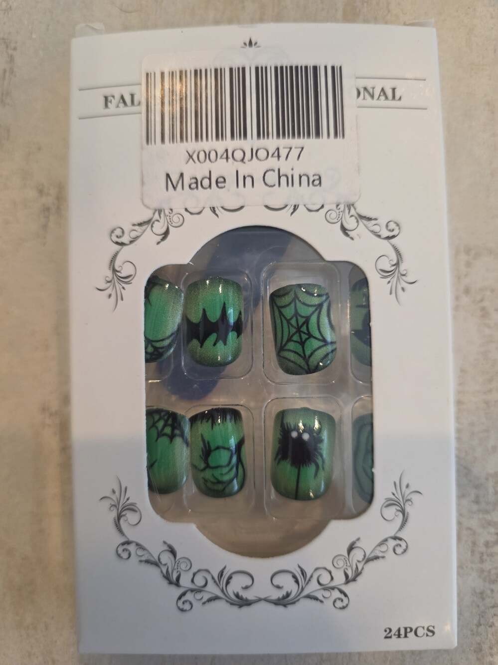 Halloween Press-On Nails – 24PCS – Green Glitter Bat Spider Web Gothic Design –